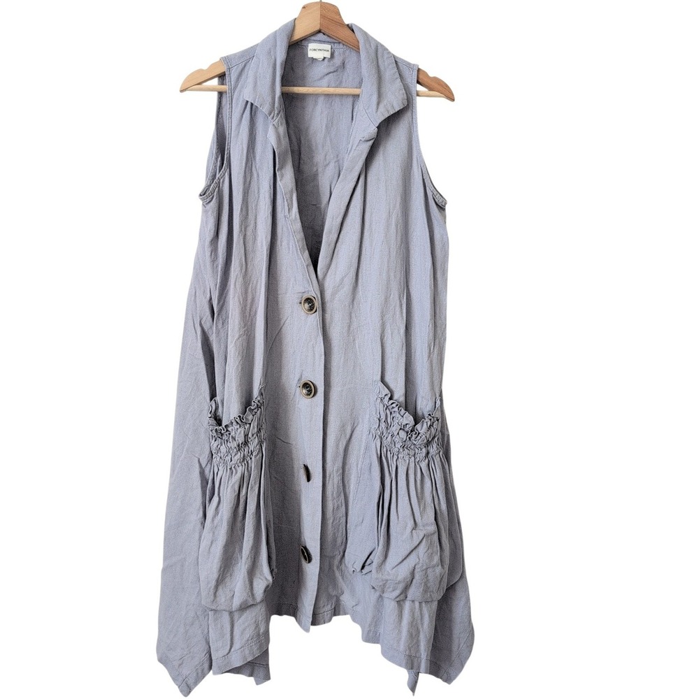 FORCYNTHIA Sleeveless‎ Long Vest Blazer Button Pocket Linen Lagenlook Purple S